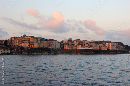 View on old town from the ionian sea. Sunrise over the old city