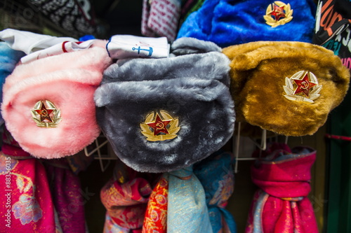 Soviet fur hats for sale in Peterhof (Petrodvorets), St. Petersburg, Russia