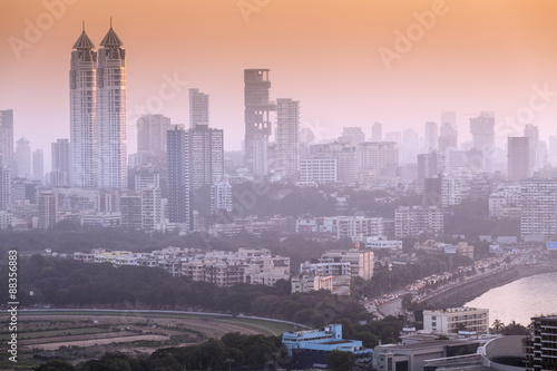 Skyline with Imperial twin-tower residential skyscrapers, Ambhani building and Haji Ali Bay, Mumbai, Maharashtra photo