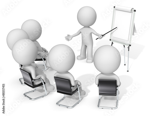 Workshop. Dude the Business people X 6 at meeting. Looking at blank flip chart. Copy space.