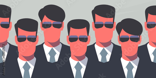 Group of bodyguards in dark suits and dark glasses. Secret service agents. Protection concept. Retro style illustration.