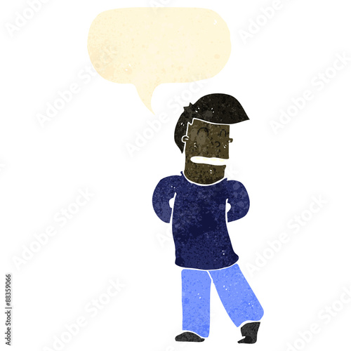 retro cartoon shy man with speech bubbl