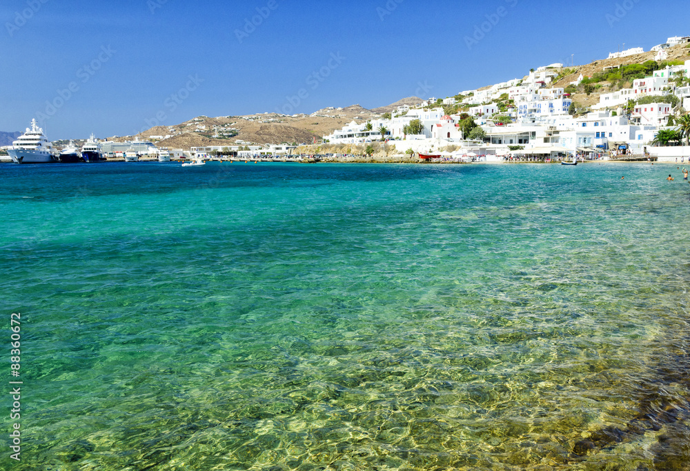 crystal clear water in Mykonos island, Cyclades, Greece
