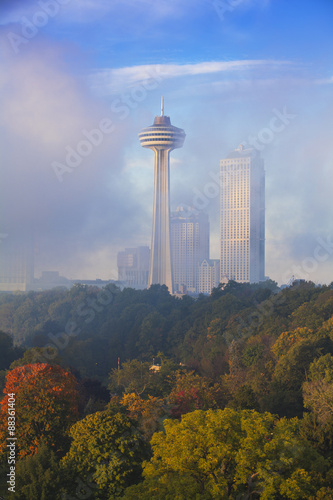 Wallpaper Mural Mist from Horseshoe Falls swirling in front of Skylon Tower at dawn, Niagara Falls, Niagara, Ontario, Canada Torontodigital.ca