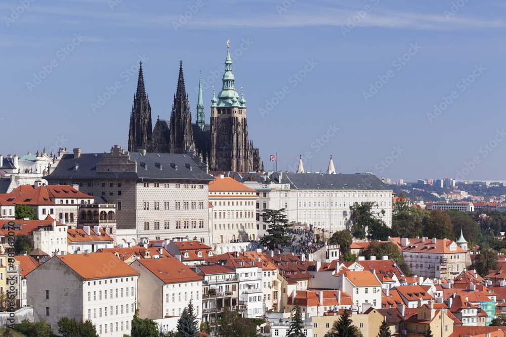 Castle District Hradcany with St. Vitus Cathedral and Royal Palace seen from Petrin Hill, Prague, Bohemia, Czech Republic Castle District Hradcany with St. Vitus Cathedral and Royal Palace seen from Petrin Hill, Prague, Bohemia, Czech Republic