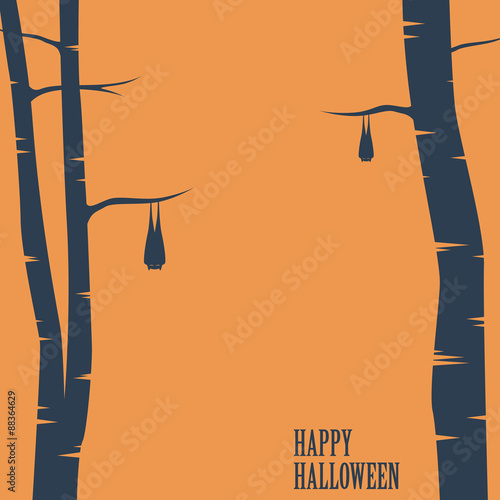 Happy halloween card with bats sleeping on trees. Holiday