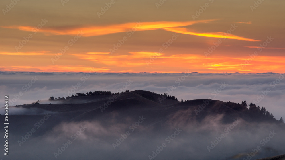 Dramatic Landscape of Santa Cruz Mountains and the Pacific Ocean. Russian Ridge Open Space Preserve, San Mateo County, California, USA.