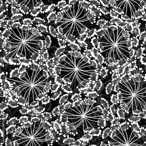 Monochrome seamless pattern of abstract flowers. 