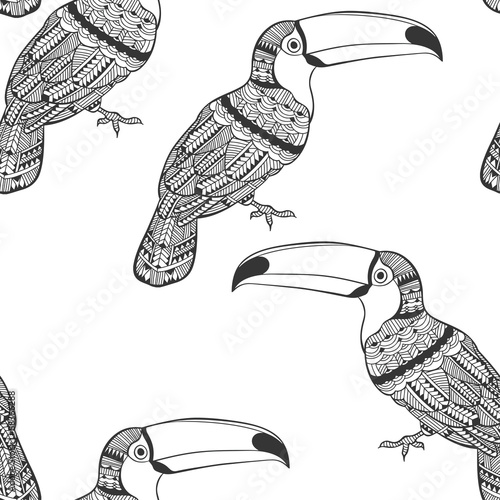 Seamless pattern with toucans. Black and white doodle background