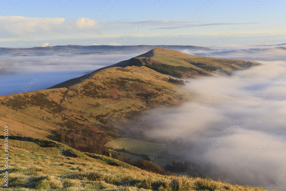 Fog and mist in the Hope and Edale Valleys from Great Ridge at Mam Tor in winter, Castleton, Peak District, Derbyshire Fog and mist in the Hope and Edale Valleys from Great Ridge at Mam Tor in winter, Castleton, Peak District, Derbyshire