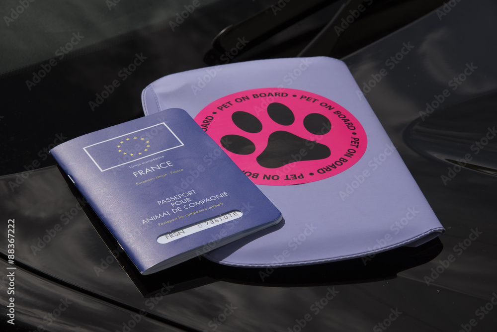 European Union pets passport and pet on board sticker used when traveling between countries with