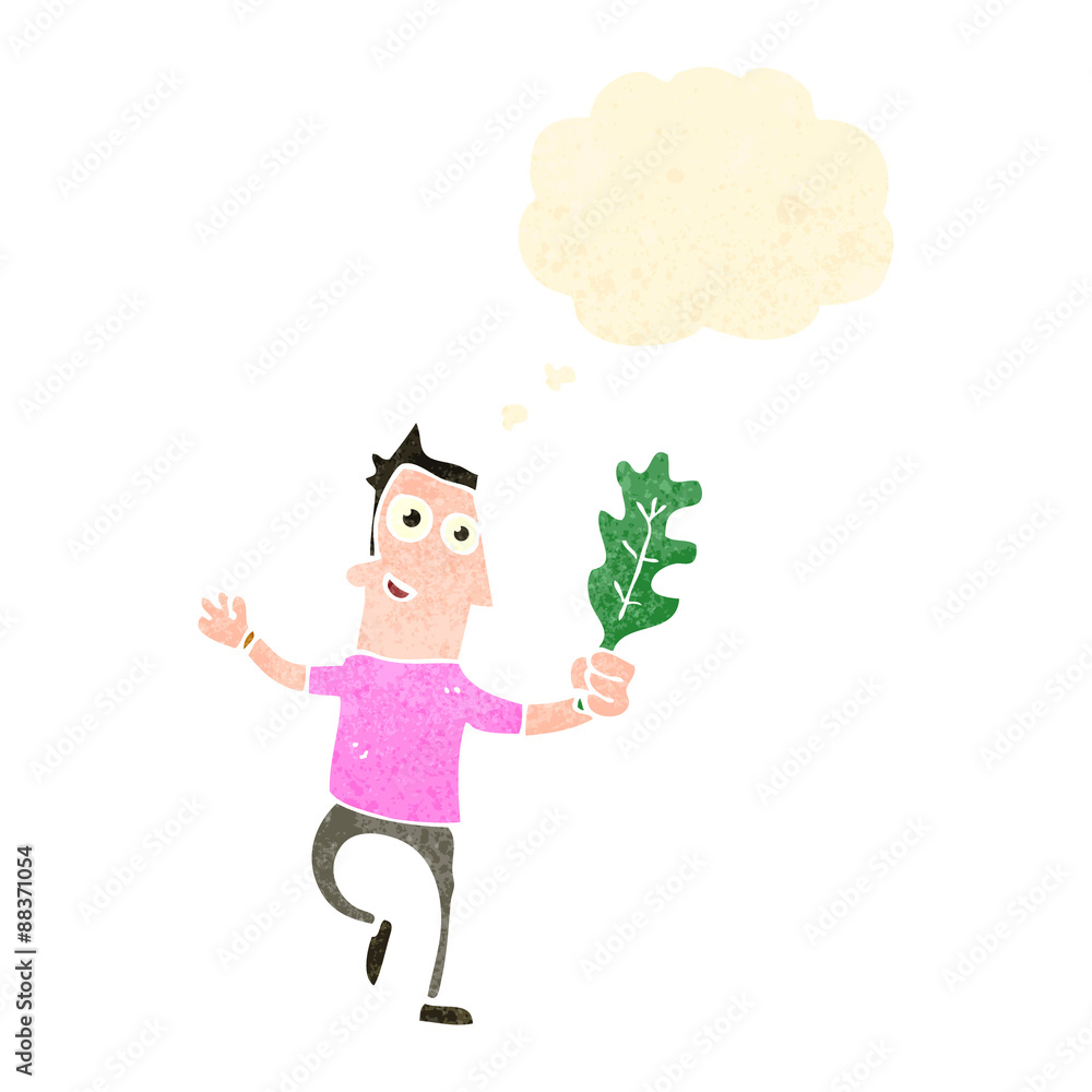 retro cartoon man with thought bubble and leaf, retro cartoon man with thought bubble and leaf,