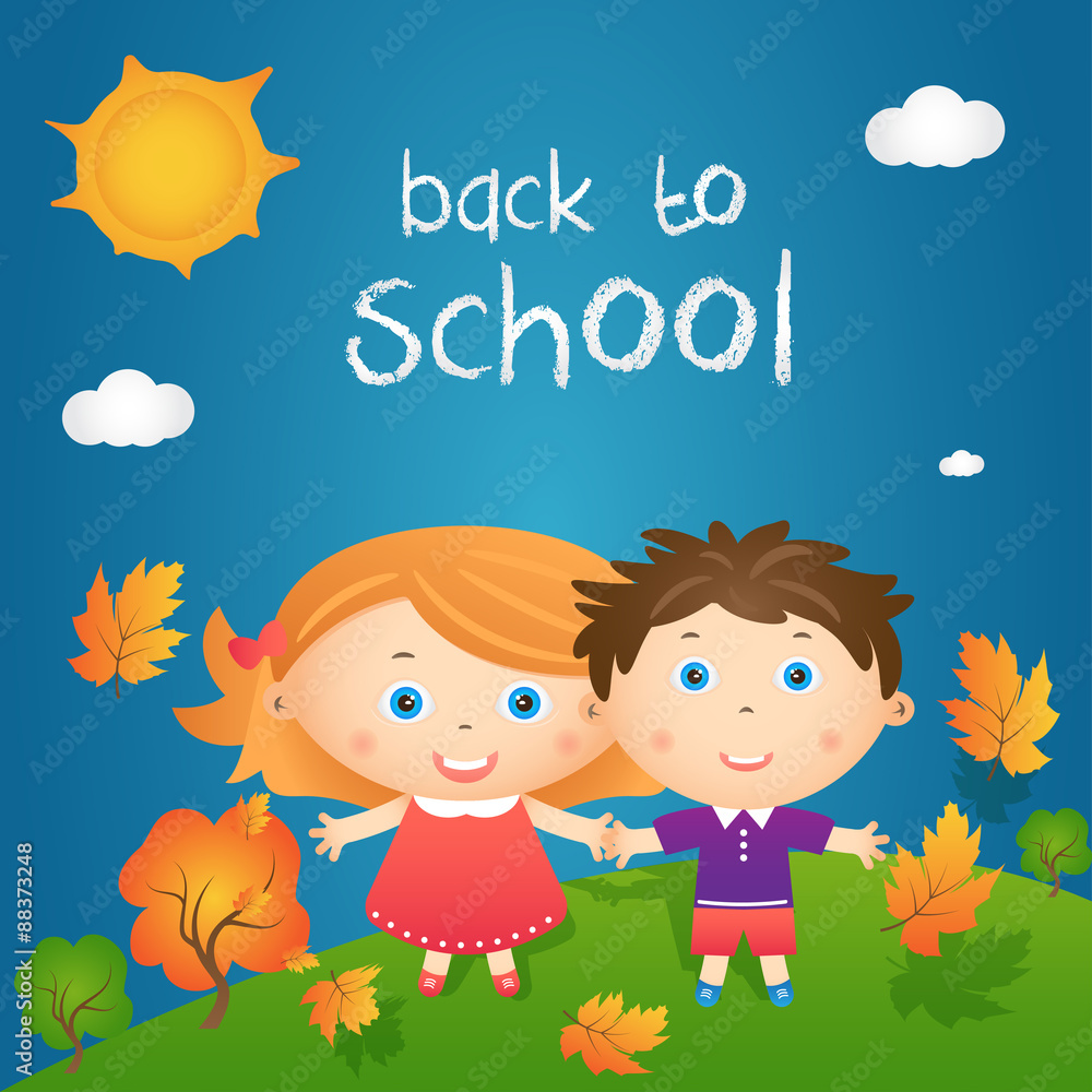 Cartoon illustration of happy little girl and boy in autumn land Cartoon illustration of happy little girl and boy in autumn land