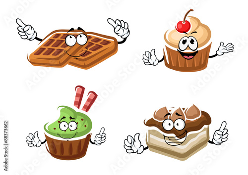 Cartoon cupcakes, cake and belgian waffle