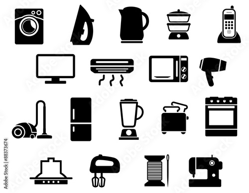 Home appliances black icons set