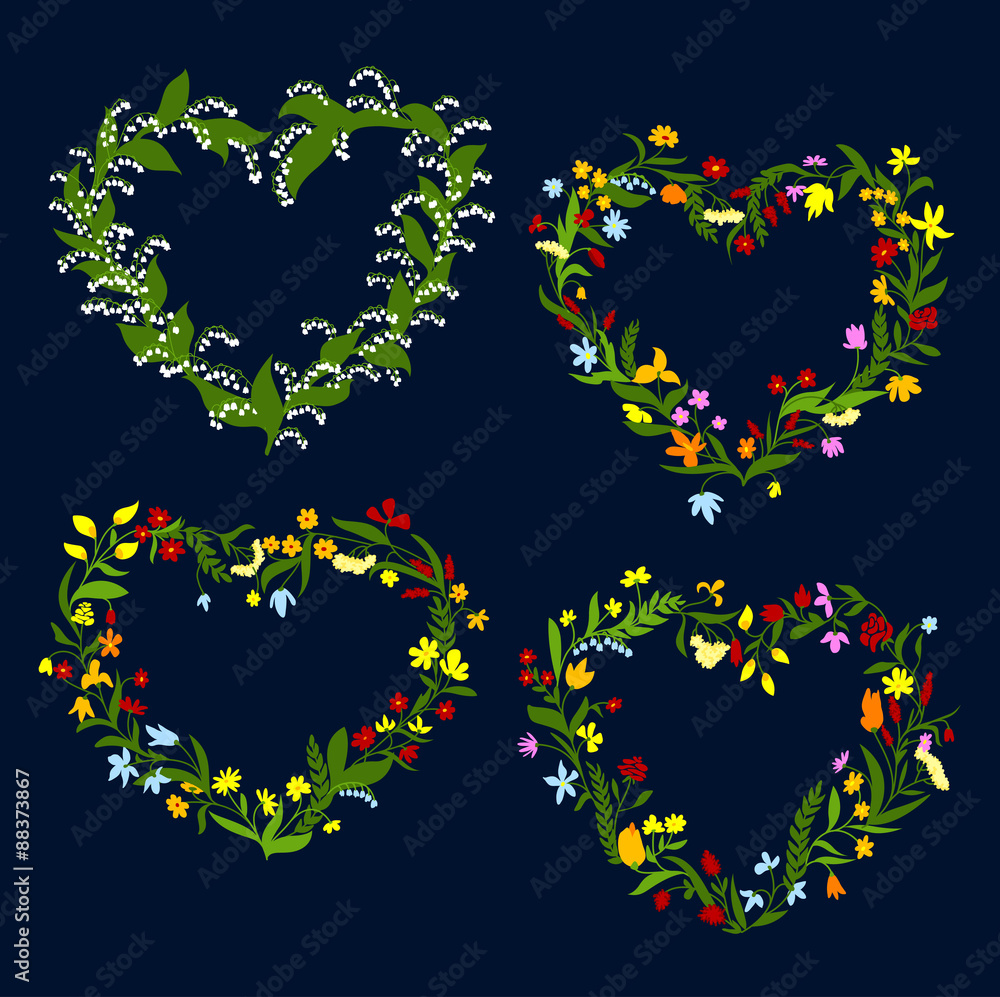 Fototapeta premium Heart shaped spring or summer wreaths