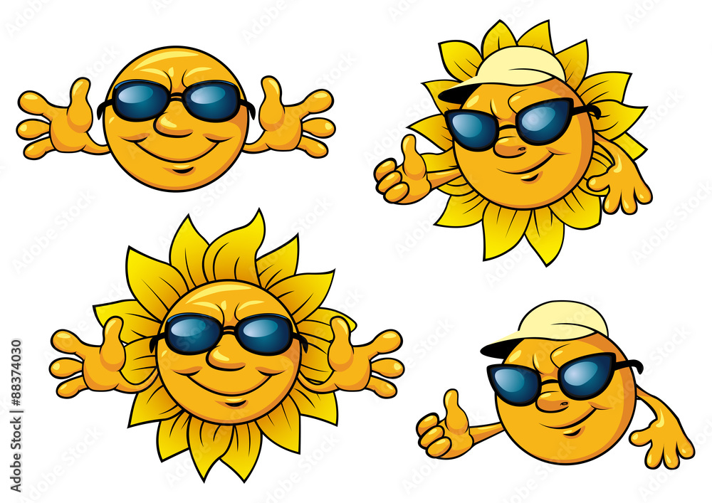 Happy sun characters in sunglasses
