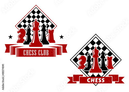 Chess emblems with chessboard and pieces