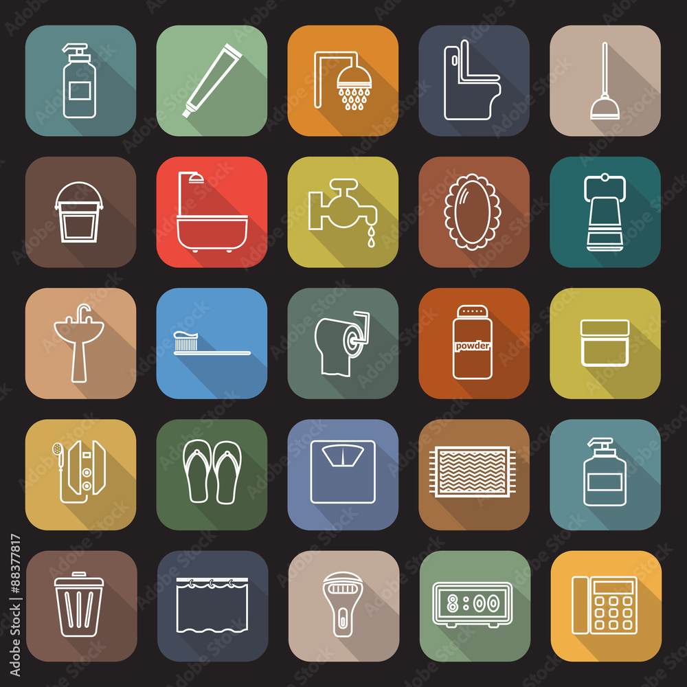 Bathroom line flat icons with long shadow Bathroom line flat icons with long shadow