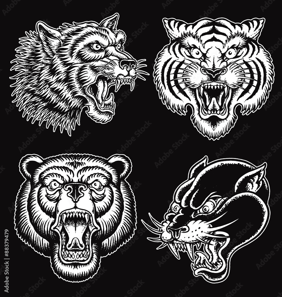 Black and White hand drawn tattoo style animal faces Stock Vector ...