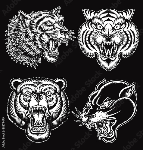Black and White hand drawn tattoo style animal faces