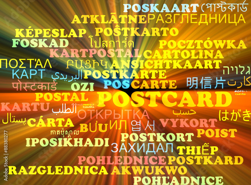 Postcard multilanguage wordcloud background concept glowing