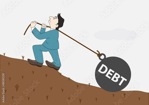 Businessman with pulling a heavy load ball debt
