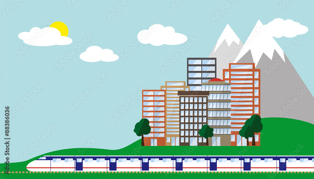 Urban travel with train, a city and mountain. Vector.