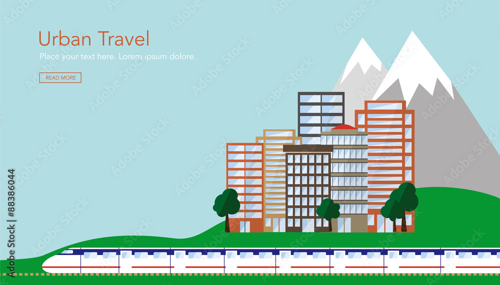 Urban travel with train, a city and mountain. Vector.