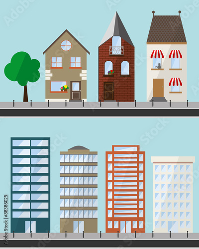 Flat private and commercial buildings. Vector design.