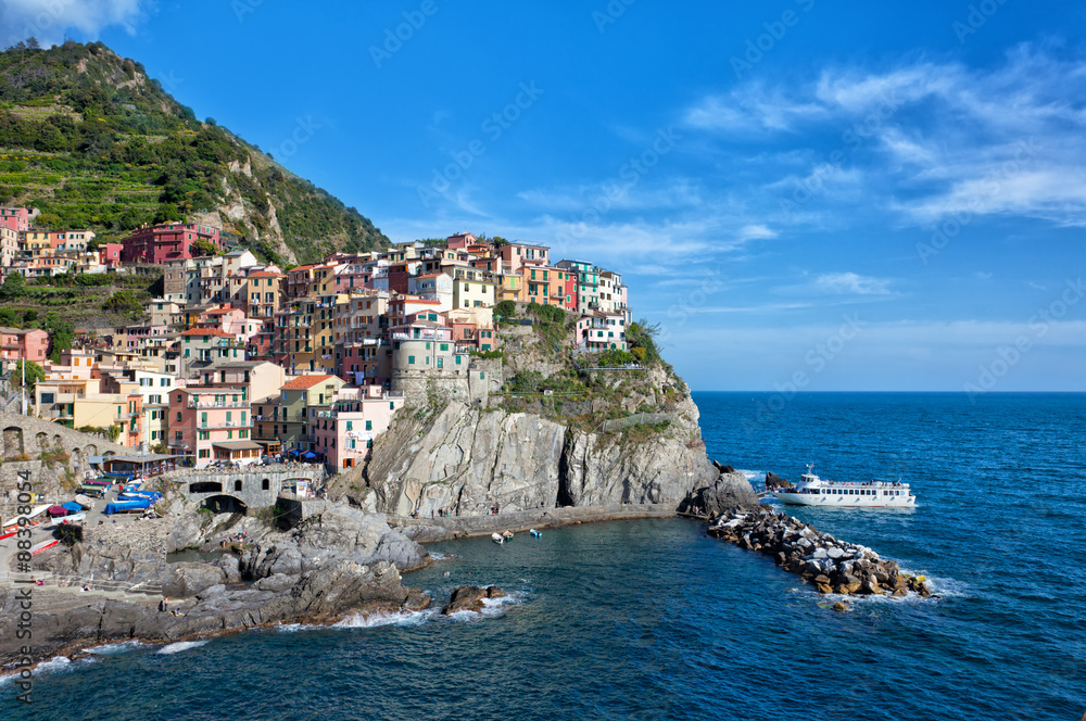 Manarola village on cliff rocks . Seascape in Five lands, Cinque Terre National Park, Liguria Italy Europe.