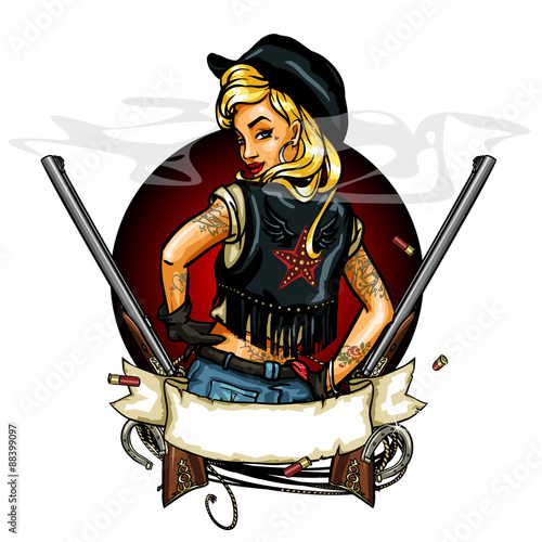 Pin Up Girl label with ribbon banner and guns