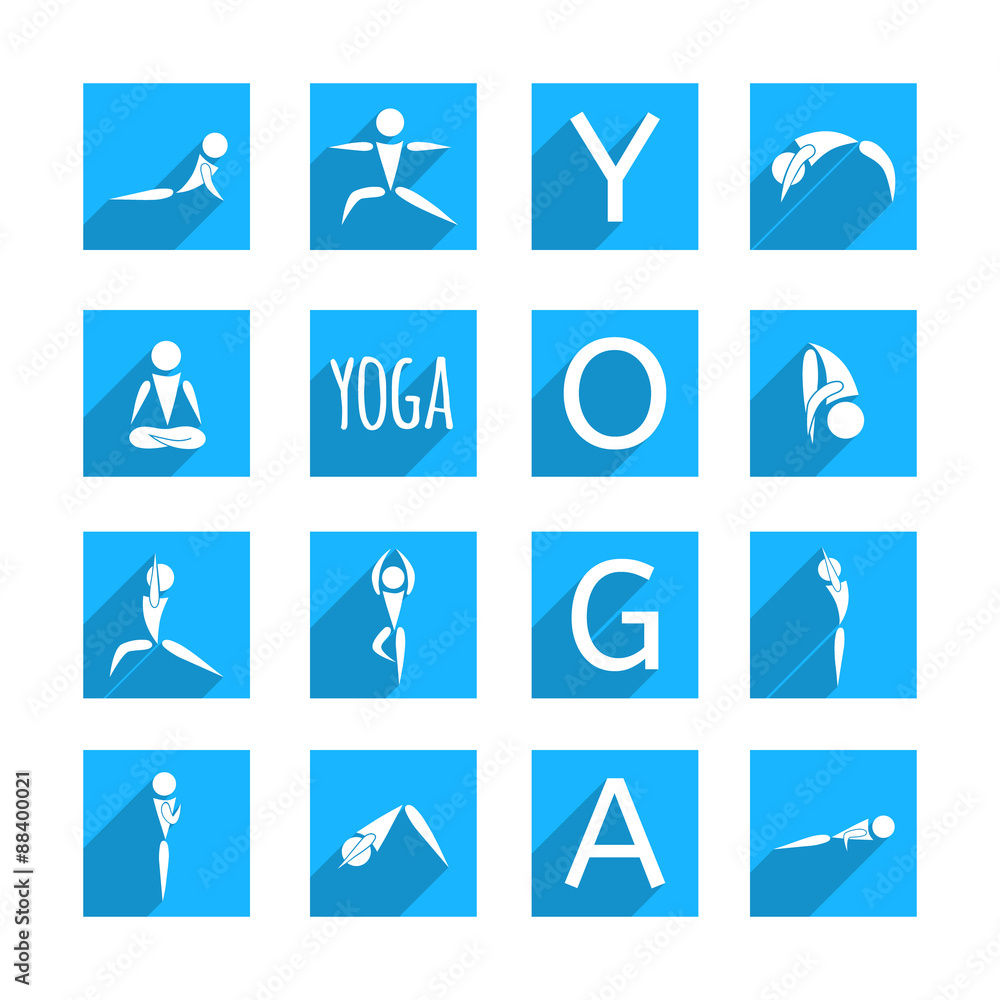 flat designed square icons with shadows for yoga poses on blue background flat designed square icons with shadows for yoga poses on blue background