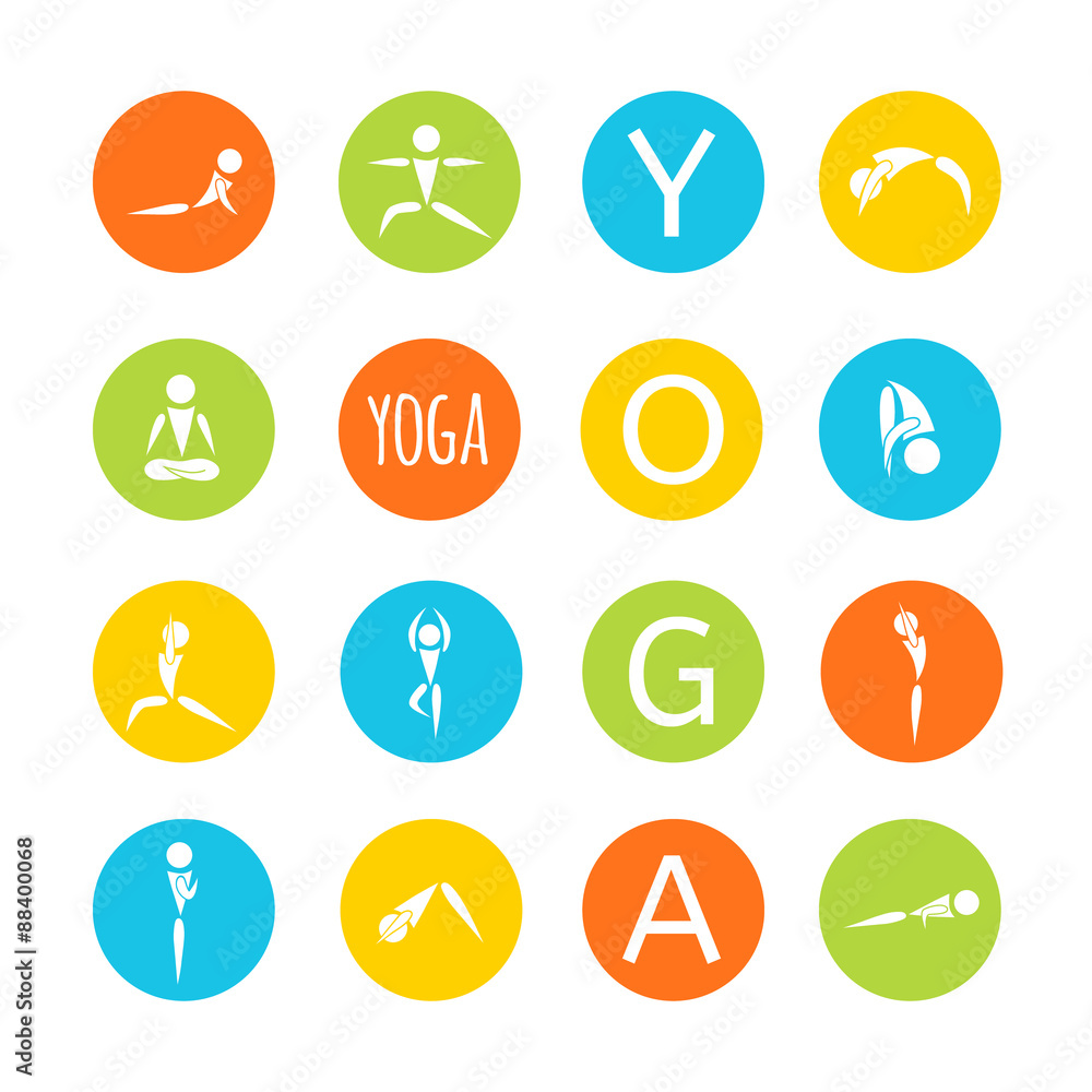 flat designed bright round icons for yoga poses flat designed bright round icons for yoga poses
