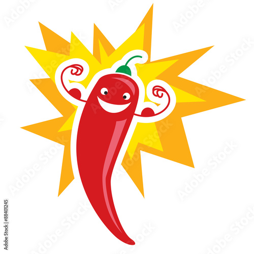 Red devious extremely hot cartoon chili pepper character on fire