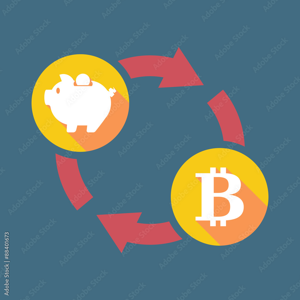 Exchange sign with a piggy bank and a bit coin sign Exchange sign with a piggy bank and a bit coin sign