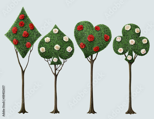 Set of four bizarre trees with card suits and roses 