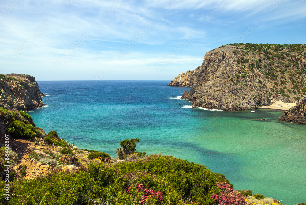 View of Cala Domestica (Sardinia). Cliff, flowers, a beautiful green and blue sea and cloudy sky 