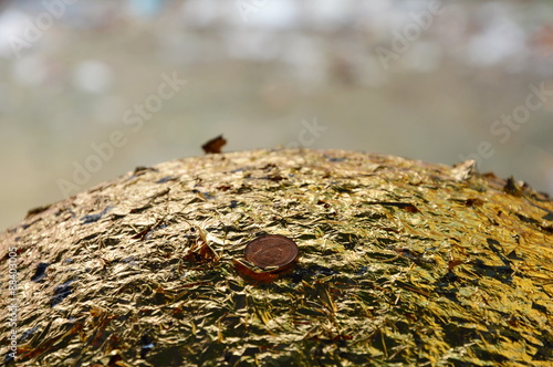 round stones buried in the ground to mark the sacred limits of a temple photo