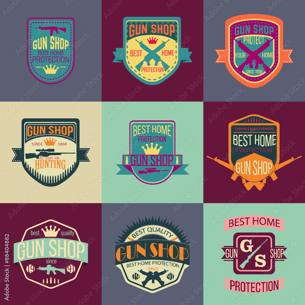 Pop art gun shop logotypes and badges vector set