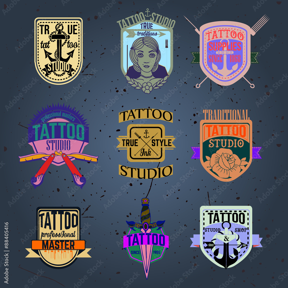 Colorful tattoo logos and badges vector set Stock Vector | Adobe Stock