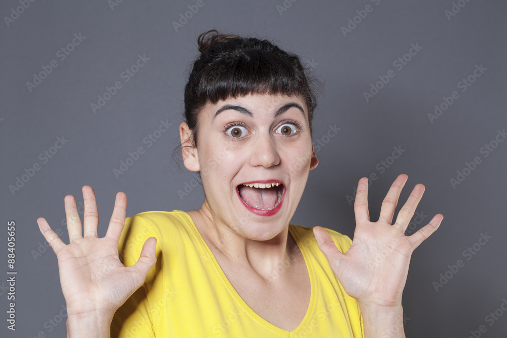 surprise and success concept - cute 20s brunette woman using both hands and facial expression for surprise and happiness surprise and success concept - cute 20s brunette woman using both hands and facial expression for surprise and happiness