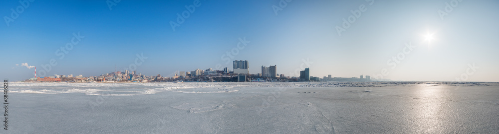 Vladivostok cityscape, day. Winter. View of the city from the Sea of Japan.