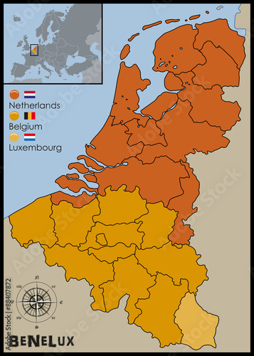 Location, Flags and Map of Benelux