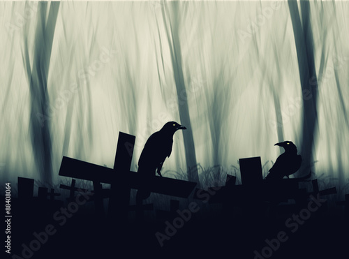 Crow sitting on a gravestone silhouette abstract background.
