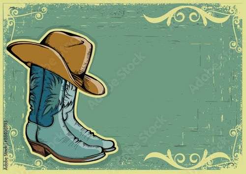 Cowboy boots .Vector image  with grunge background for text