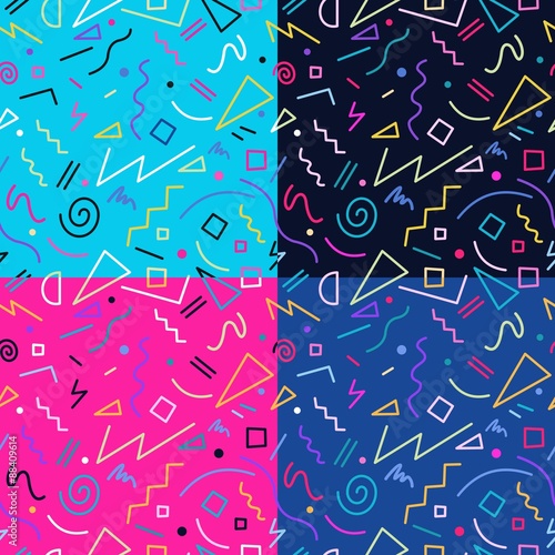 Retro 80s seamless pattern background set