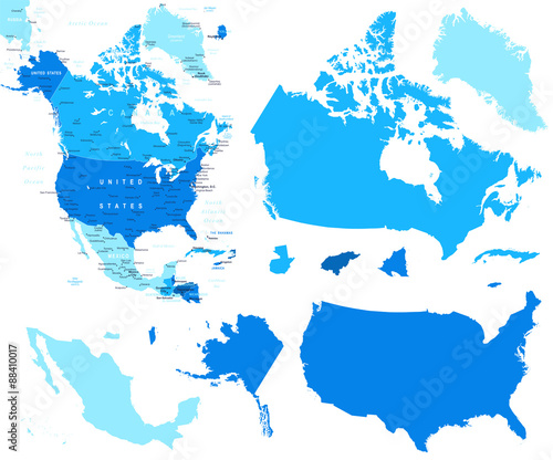 Vector illustration of North America map and country contours.
