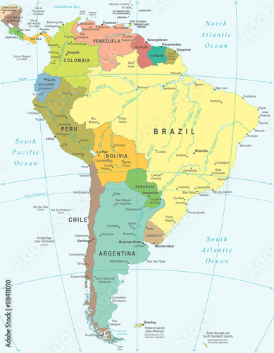 South America map - highly detailed vector illustration.