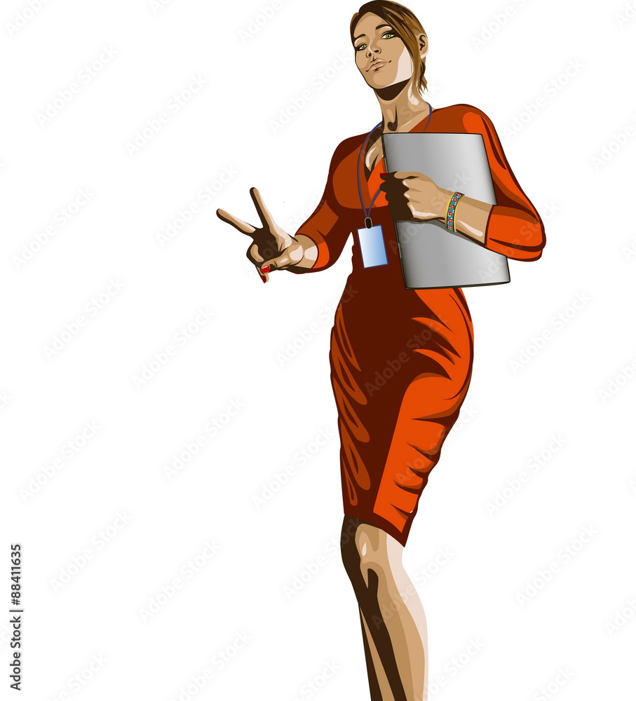 girl with a laptop. drawing of a girl in orange dress with a laptop and a name tag girl with a laptop. drawing of a girl in orange dress with a laptop and a name tag